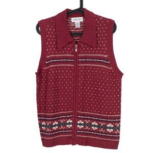 Cabin Creek Sweater Vest L Womens VTG Red Fair Isle Knit Zip Front Ramie Cotton